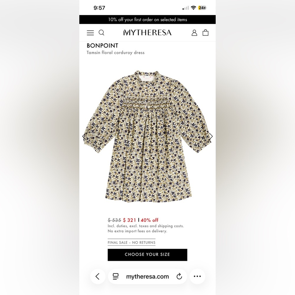 Bonpoint Tamsin floral corduroy dress